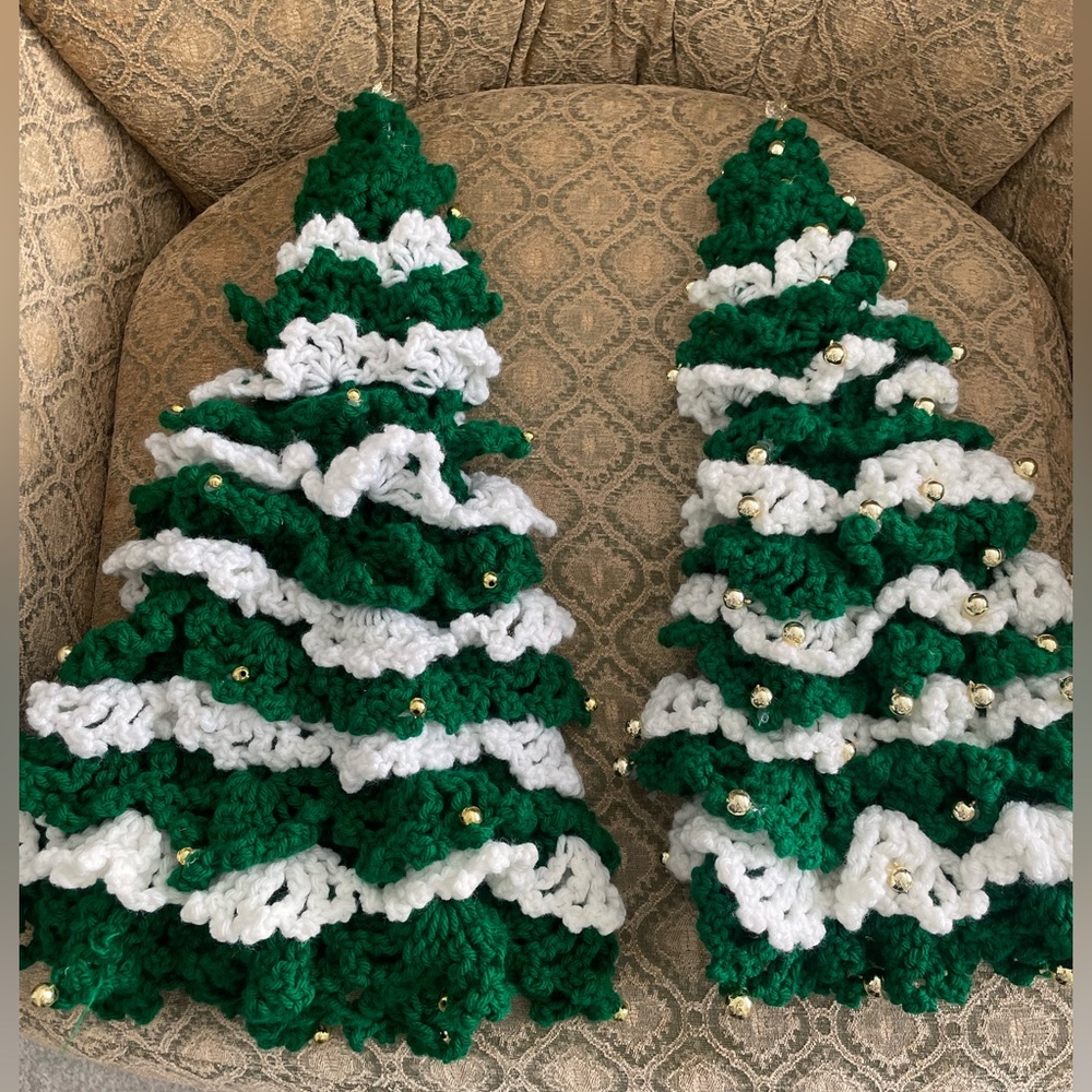 Vintage Handmade Green White Crochet Christmas Tree Nostalgic Holiday Decoration